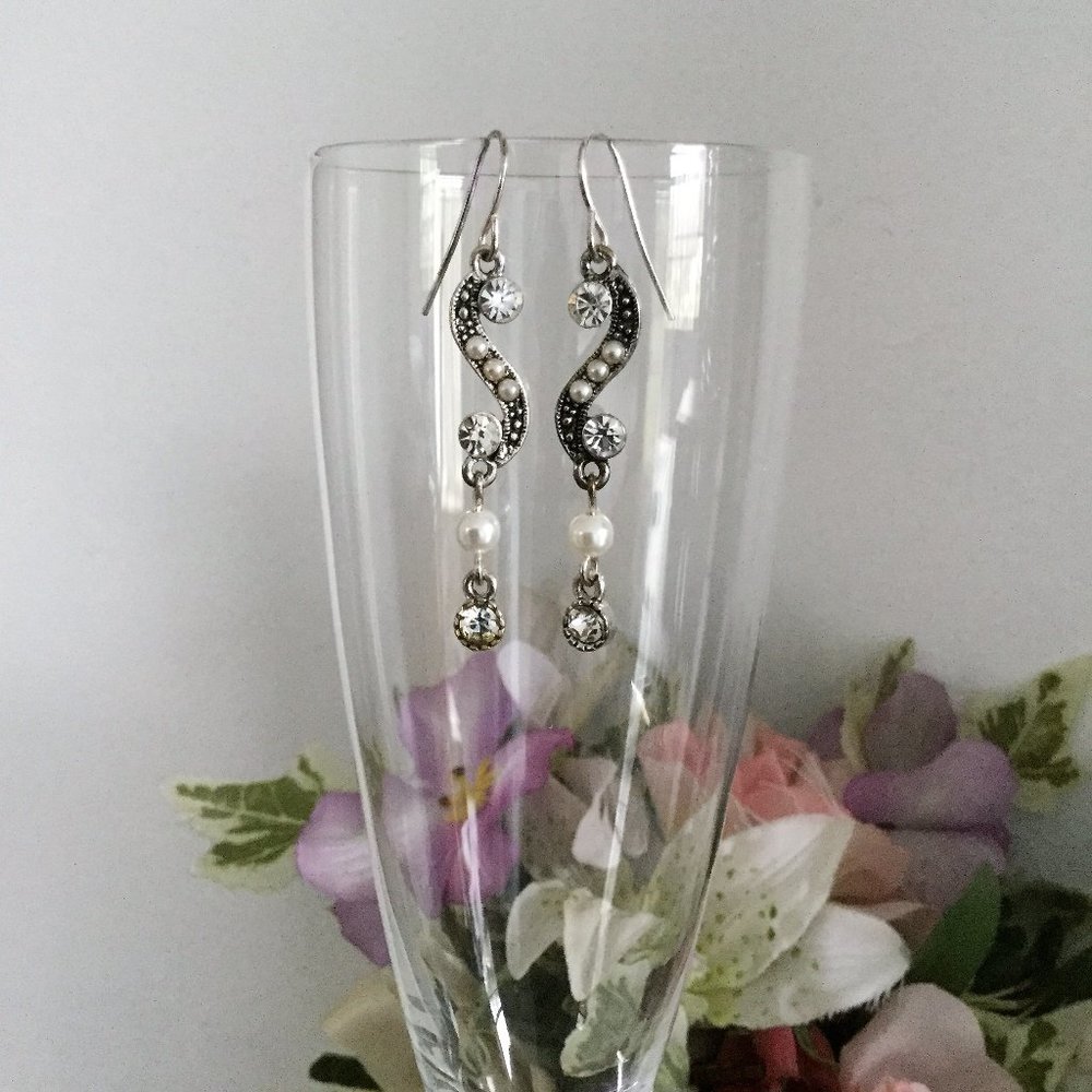 Silver Rhinestone Pearl Earrings - Picture 3 of 5